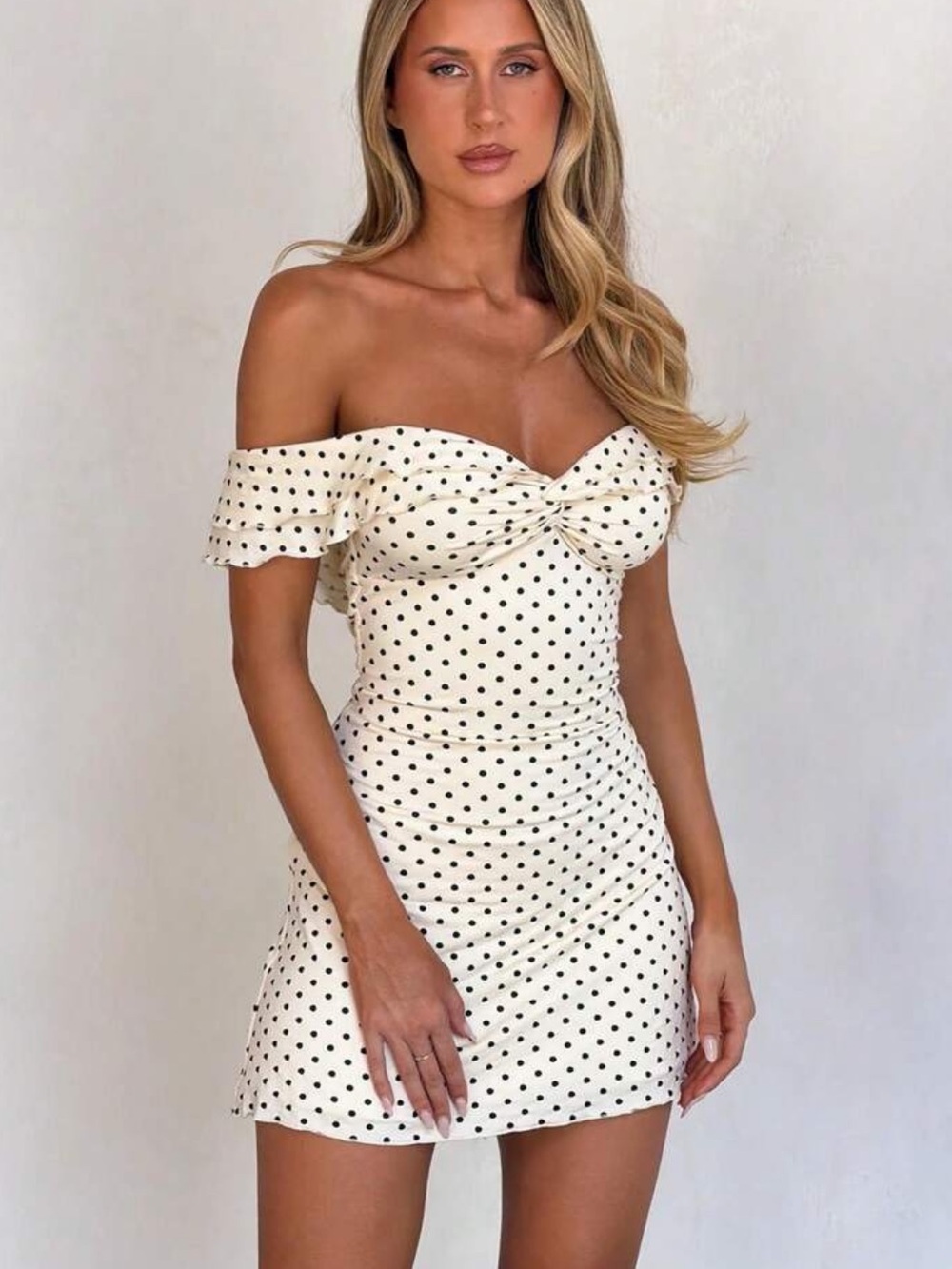 Off-Shoulder Polka Dot Mini Dress - Cream/Black